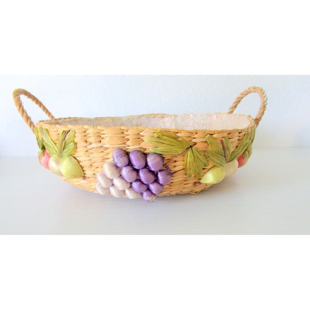 Vintage Raffia Woven Straw Basket Embroidered Fruit Grapes Handles Casserole
